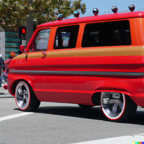 episode-6-exact -Chevy-van-that-is-painted-candy-apple-red-driving-through-San-Fransisco.-Tricked-out-5k-realistic.-Incredible-car-show